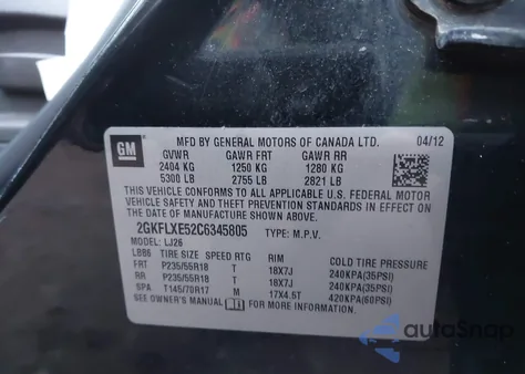 2012 GMC Terrain Slt-2 from USA, damaged, VIN 2GKFLXE52C6345805